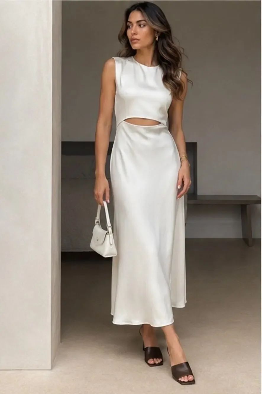 LouLou Studio Copan Satin Viscose Cutout Midi Dress Ivory NWT Size M